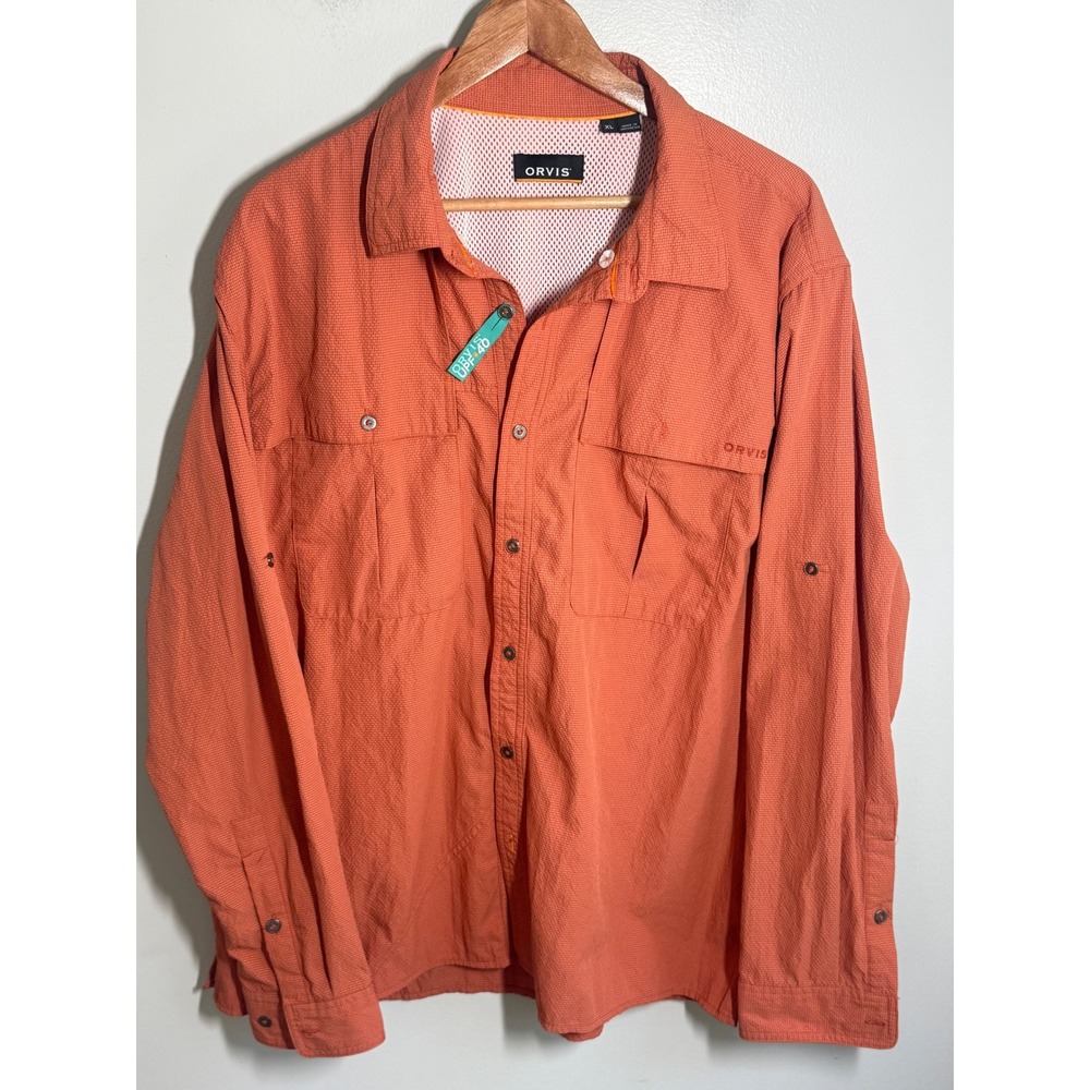 Orvis Mens XL UPF 40 Fishing Shirt Long Sleeve Ventilated Orange Micro Check